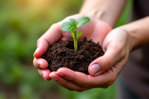Mani che tengono una piantina verde che cresce