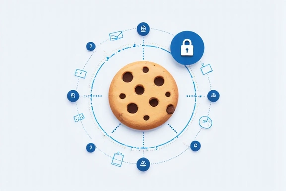 Illustrazione di un biscotto digitale e icone che rappresentano dati e privacy