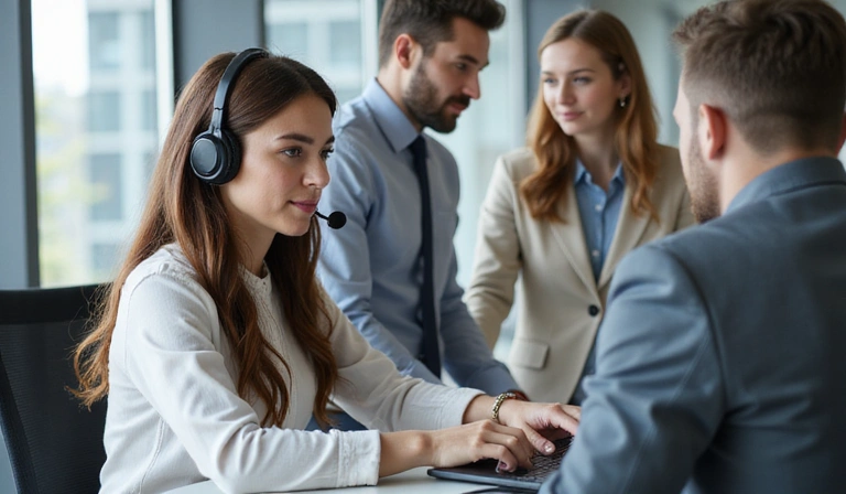 Illustrazione di un ufficio moderno con persone che lavorano e un icona di supporto clienti, che simboleggia l'assistenza e la disponibilità.