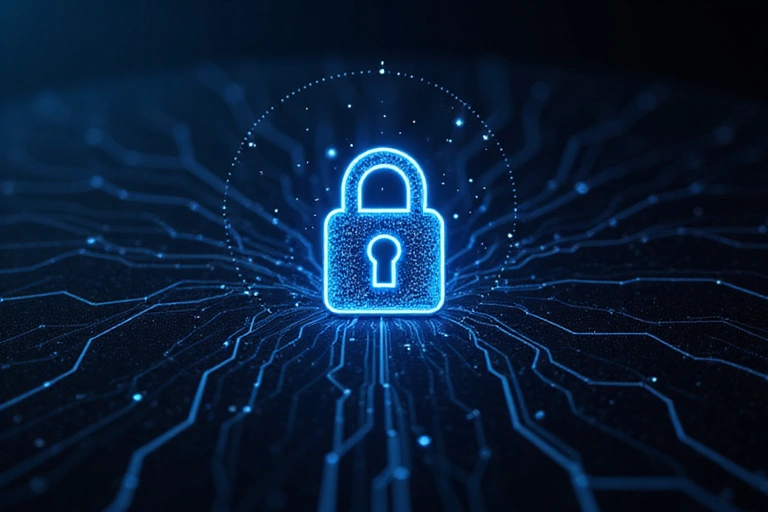 Digital padlock icon with abstract security elements, representing data protection and encryption.