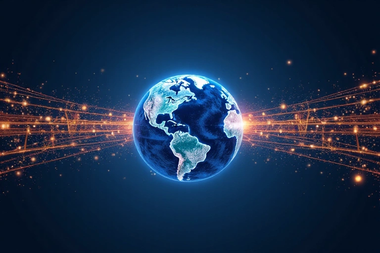 Globe with data flow lines, depicting international data transfer and security measures.