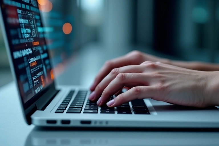 Hands typing on a laptop keyboard, representing data collection and privacy.